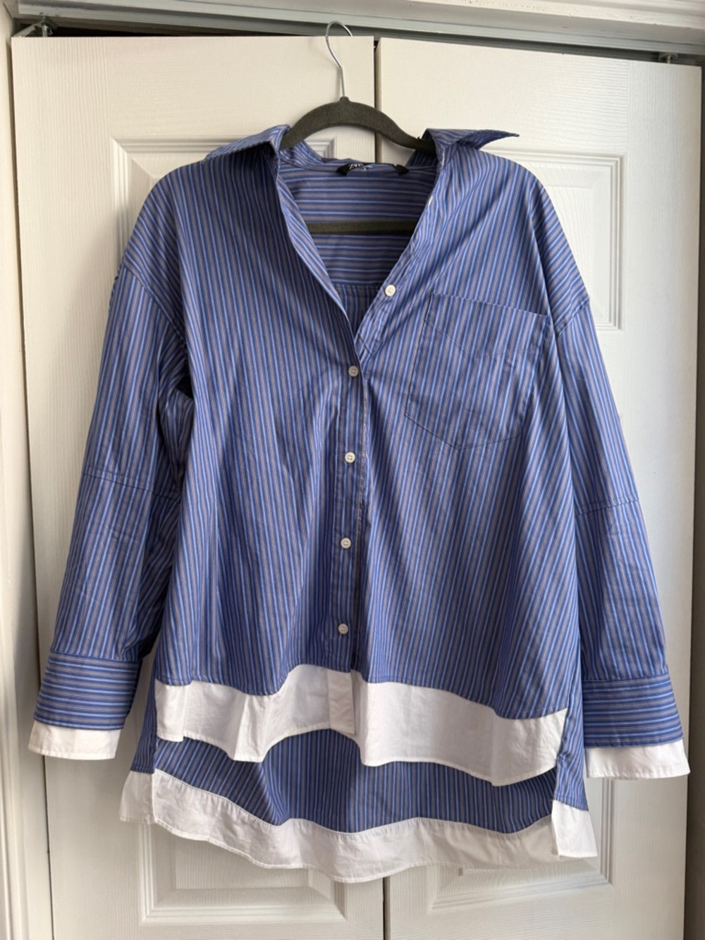 Zara Blue and White Striped Button-Down with Layered Hem